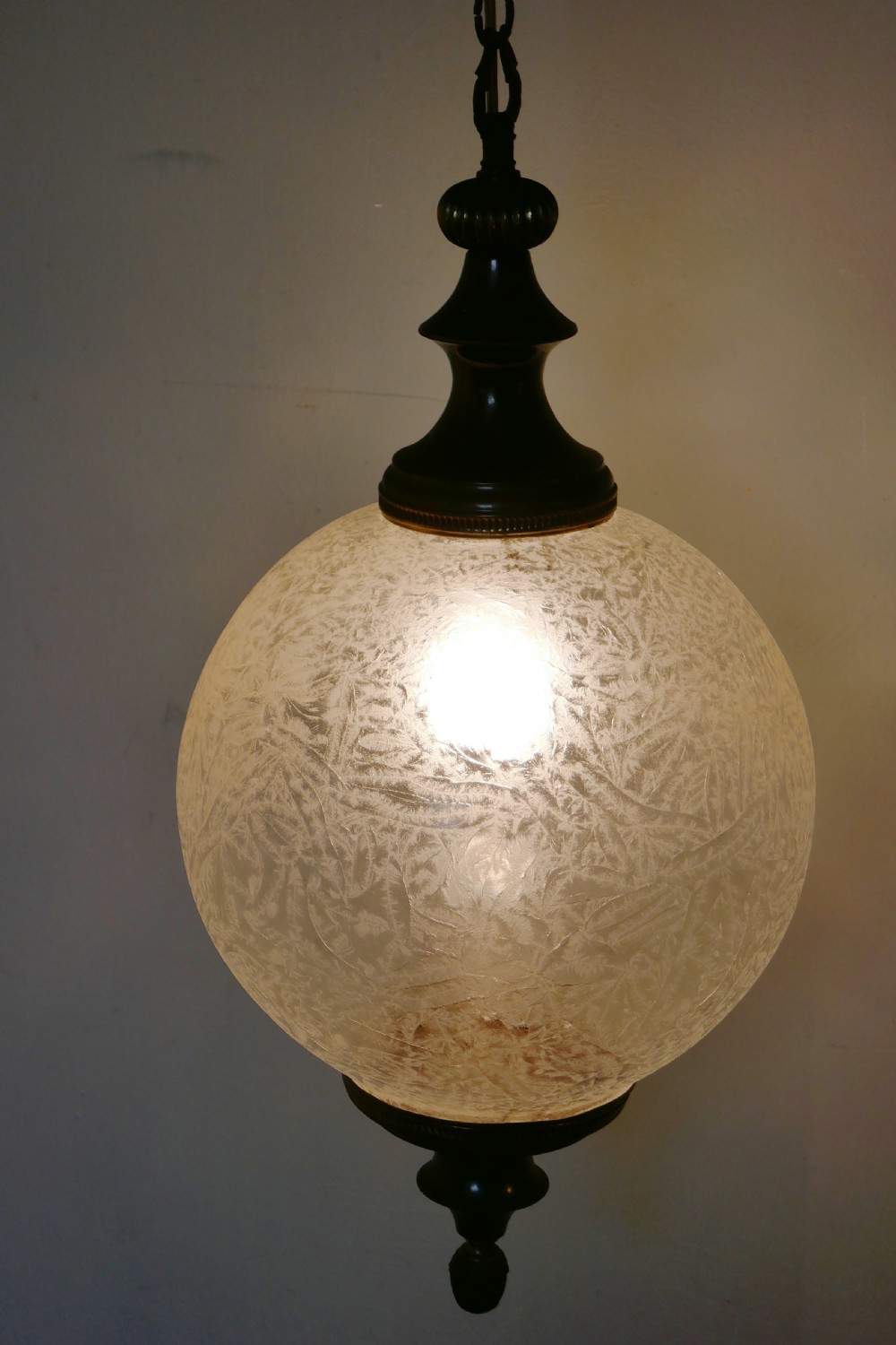 Large French Art Deco Globe Frosted Glass Hanging Pendant Light View V