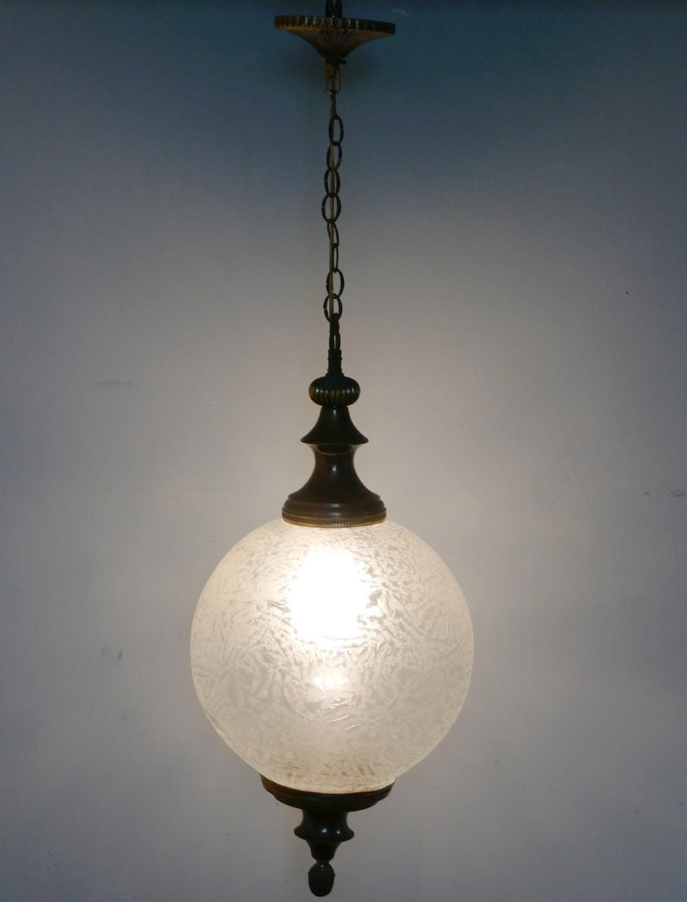 Large French Art Deco Globe Frosted Glass Hanging Pendant Light View VI