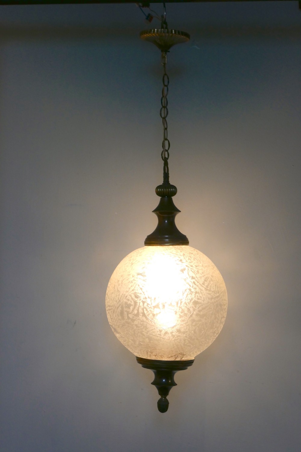 Large French Art Deco Globe Frosted Glass Hanging Pendant Light View VII