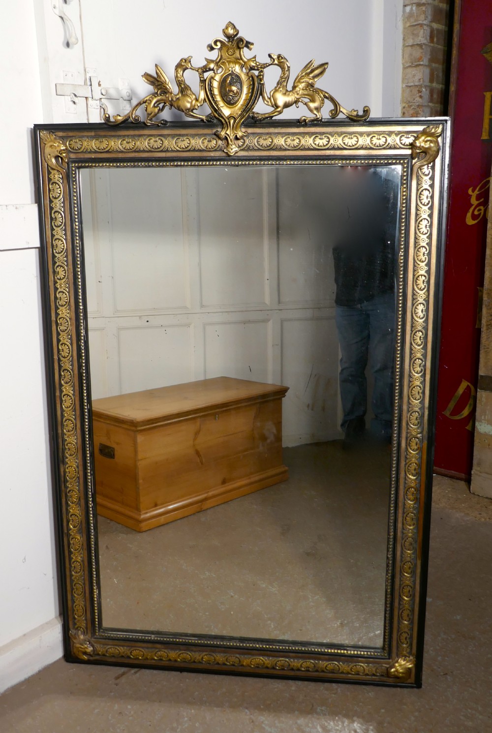 Large French Ebonised, Brass and Gilt Wall Mirror, Dragons and Crest 