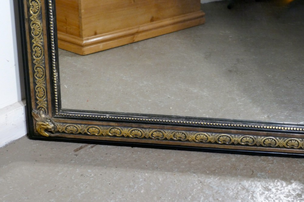 Large French Ebonised, Brass and Gilt Wall Mirror, Dragons and Crest  View II