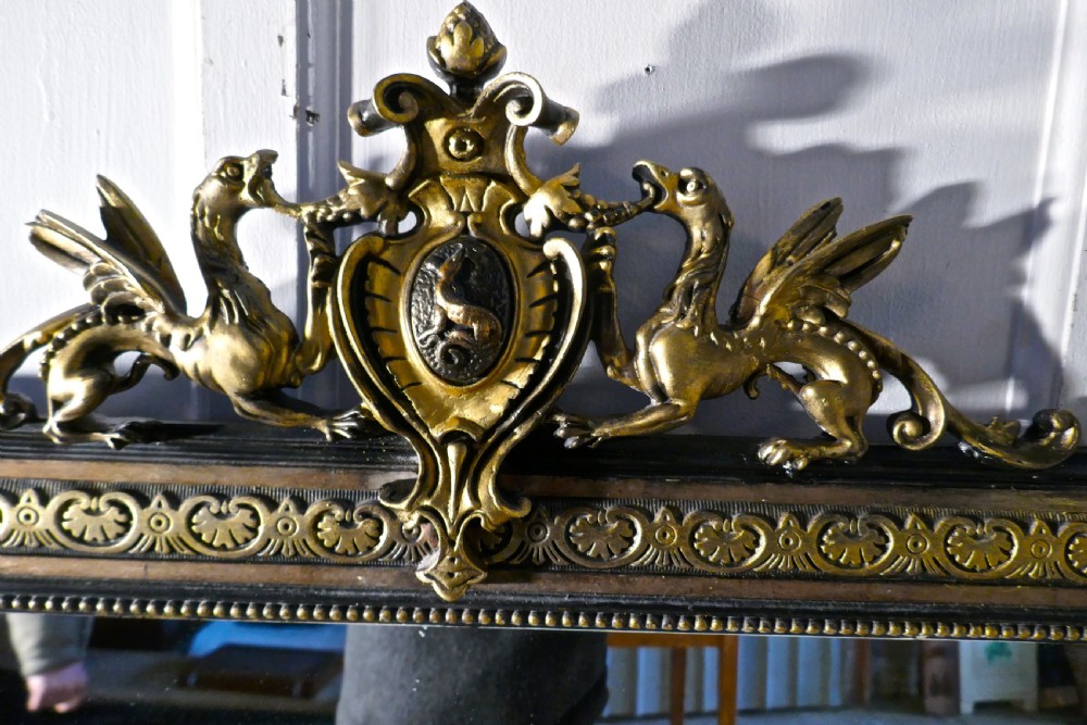 Large French Ebonised, Brass and Gilt Wall Mirror, Dragons and Crest  View VI