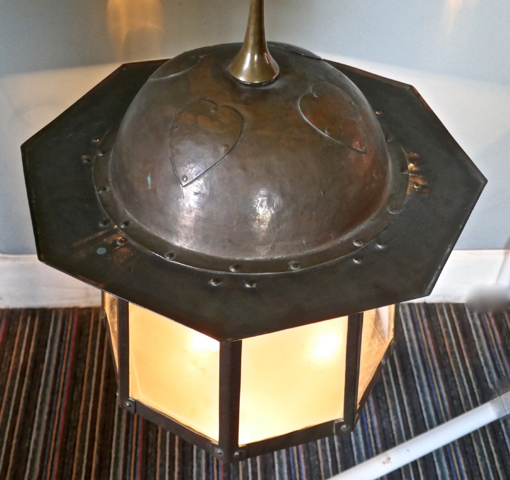  Large Arts and Crafts Beaten Copper Hall Lantern Ceiling Light View II