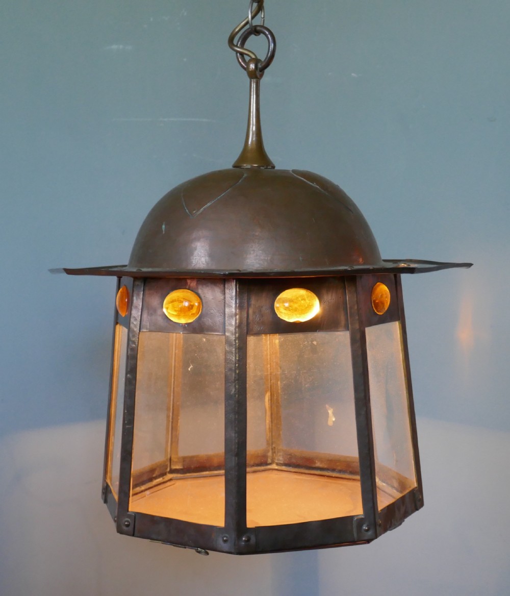  Large Arts and Crafts Beaten Copper Hall Lantern Ceiling Light View III