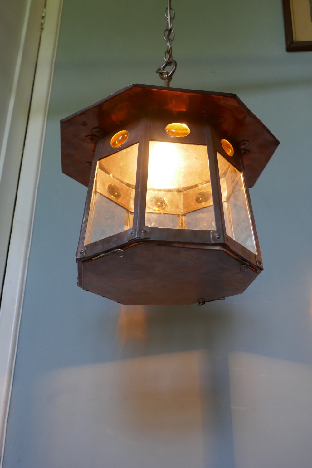  Large Arts and Crafts Beaten Copper Hall Lantern Ceiling Light View IV