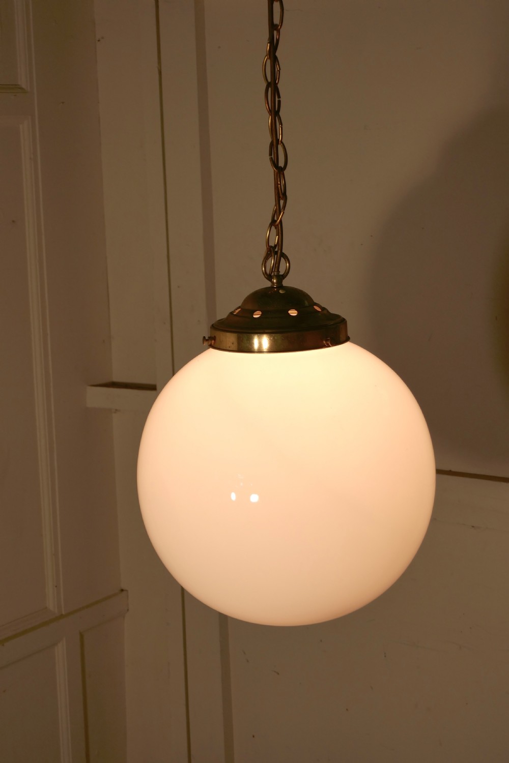 2, Very Large French Art Deco Globe Opaline Glass Hanging Pendant Lights View VII