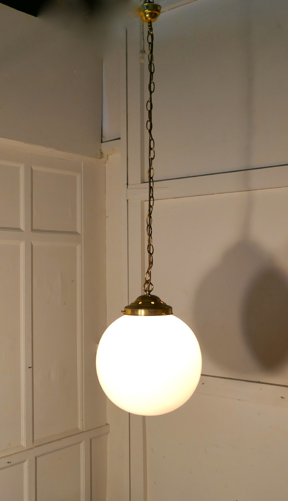 2, Very Large French Art Deco Globe Opaline Glass Hanging Pendant Lights