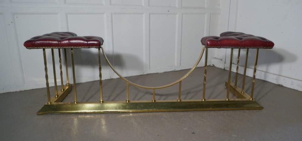 Large Edwardian Brass and Leather Club Fender