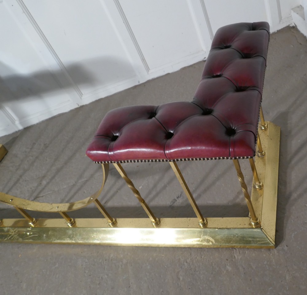 Large Edwardian Brass and Leather Club Fender View II