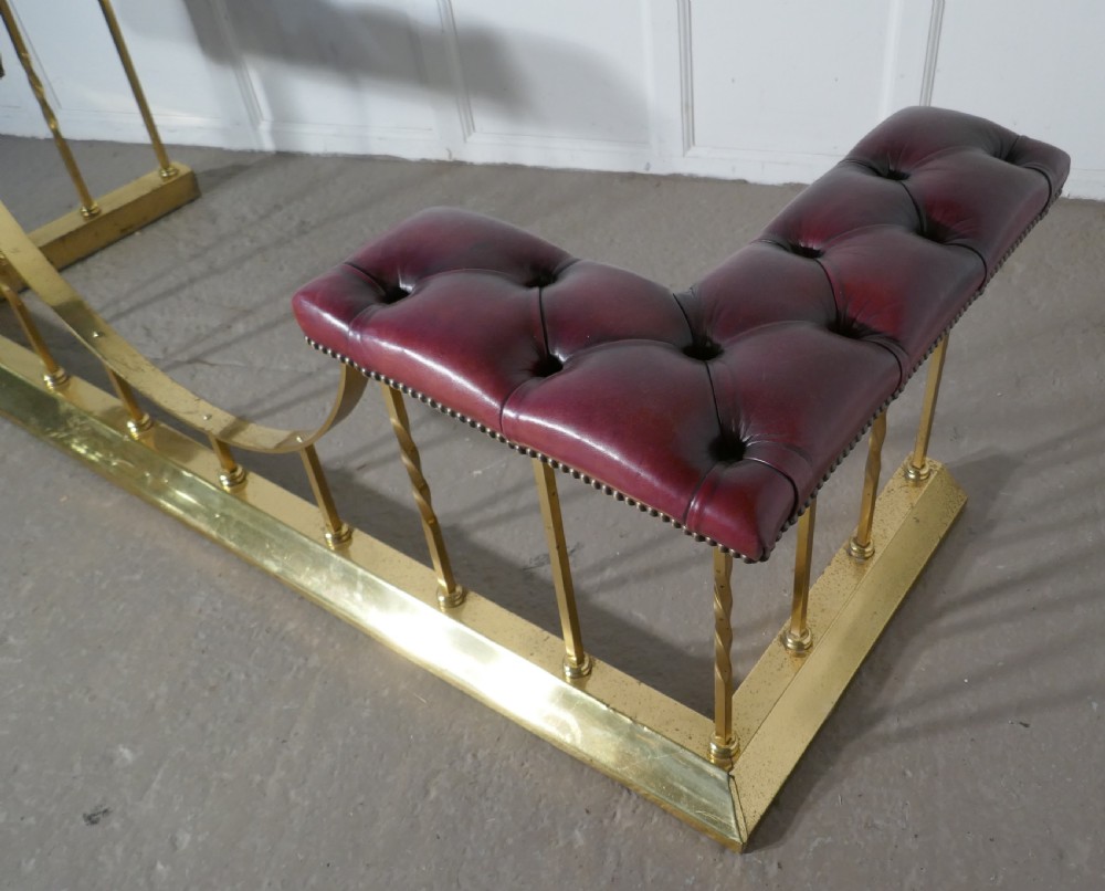 Large Edwardian Brass and Leather Club Fender View IV