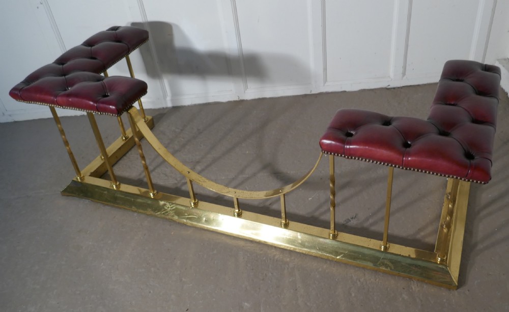 Large Edwardian Brass and Leather Club Fender View VI