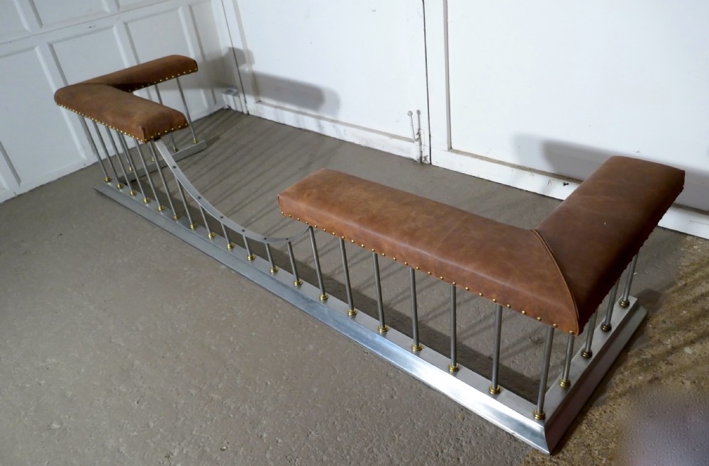 9ft long Polished Steel and Leather Art Deco Club Fender View III
