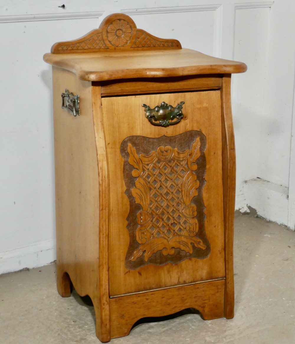 Arts and Crafts Carved Golden Walnut Purdonium, Coal Box