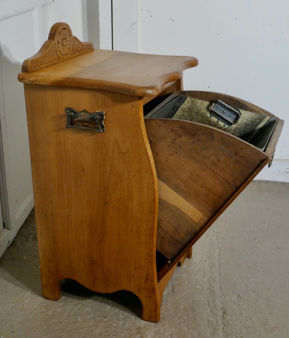 Arts and Crafts Carved Golden Walnut Purdonium, Coal Box View IV
