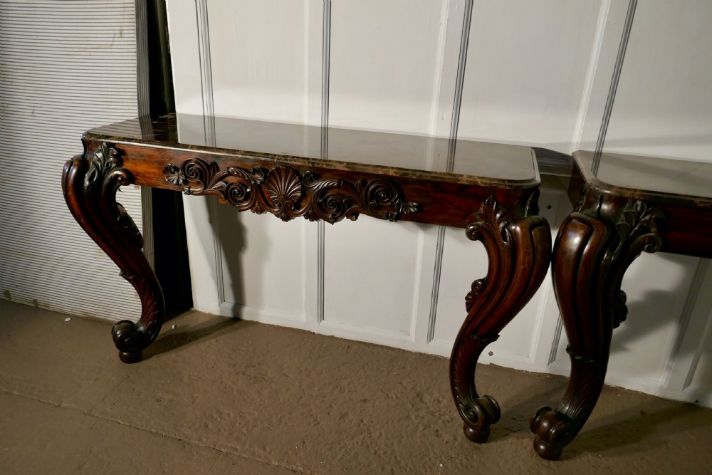 Pair of Large Mahogany Marble Top Console Tables  View II