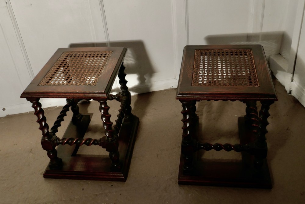 A Pair of Oak Barley-twist and Bergère Fireside Stools View II