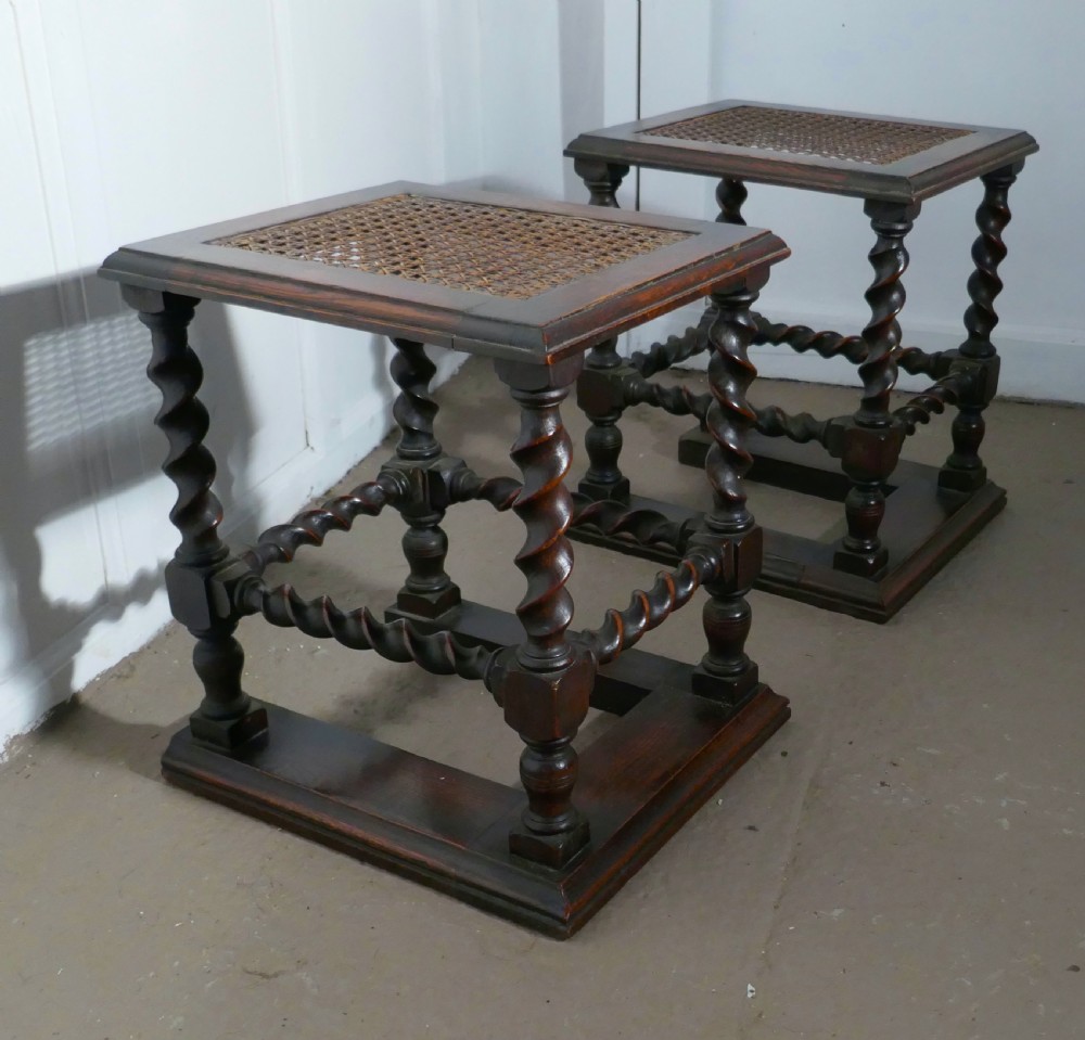 A Pair of Oak Barley-twist and Bergère Fireside Stools View IV