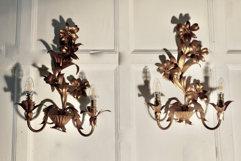 A Pair of French Two Branch Toleware Gilded Wall Lights View V