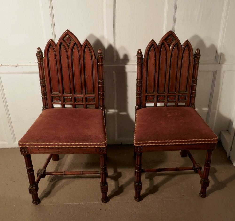 A Pair of Pugin Style Arts and Crafts Carved Oak Hall Chairs View II