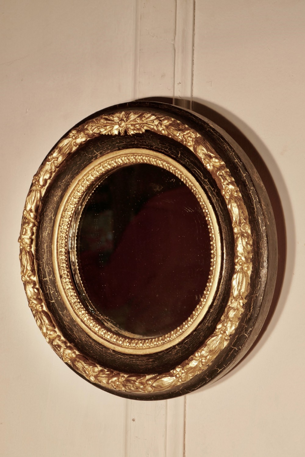 Small Deep Round Frame French Empire Gilt and Black Wall Mirror View II