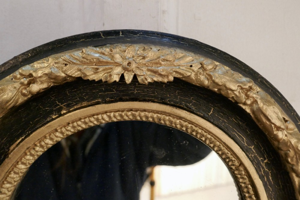 Small Deep Round Frame French Empire Gilt and Black Wall Mirror View IV
