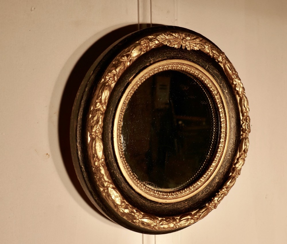 Small Deep Round Frame French Empire Gilt and Black Wall Mirror View V