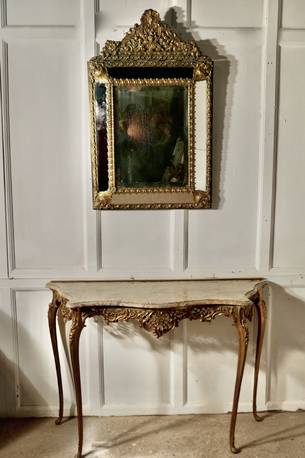 French Brass and Marble Console Table with Matching Cushion Mirror