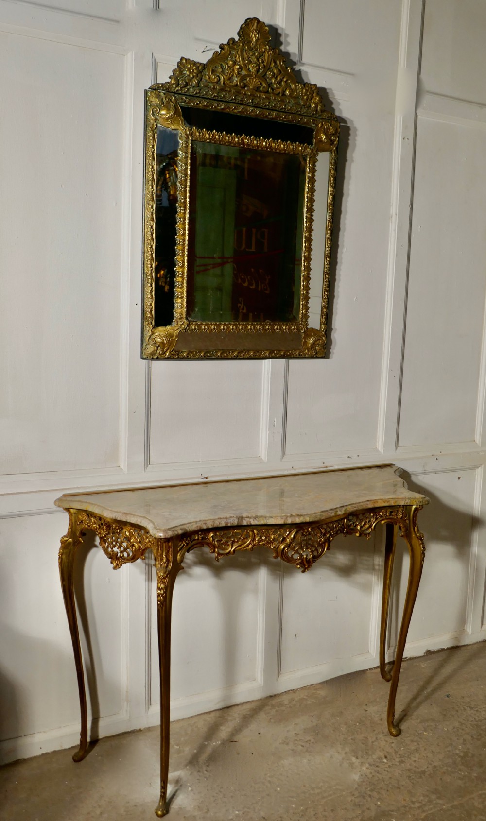 French Brass and Marble Console Table with Matching Cushion Mirror View III