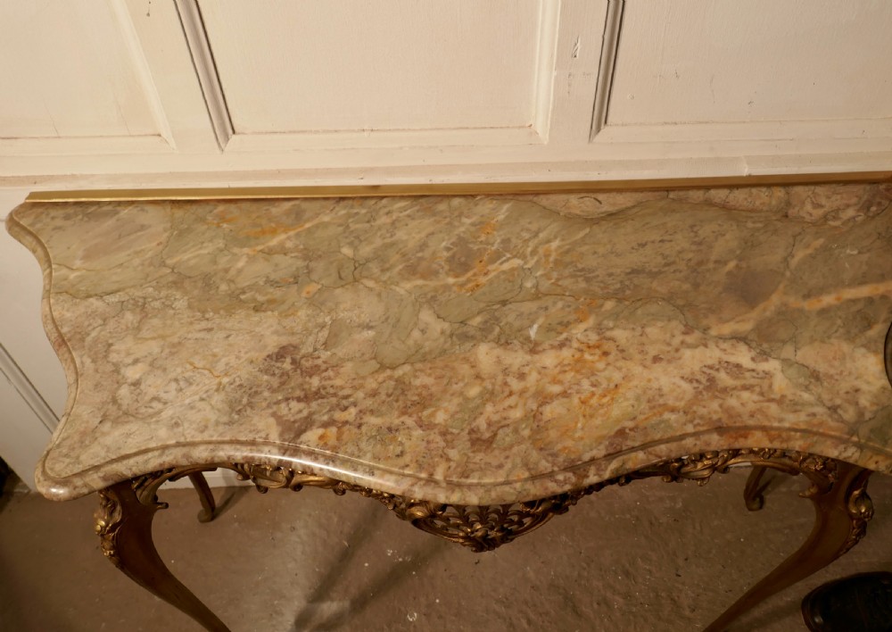 French Brass and Marble Console Table with Matching Cushion Mirror View VII