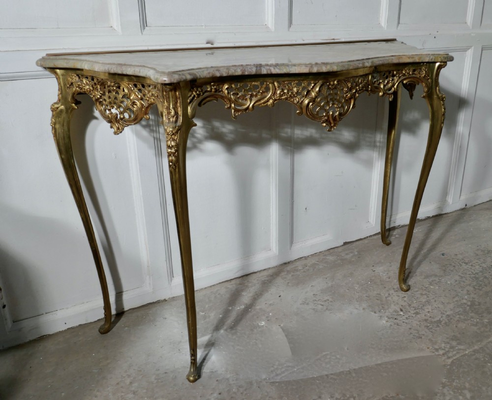 French Brass and Marble Console Table with Matching Cushion Mirror View VIII