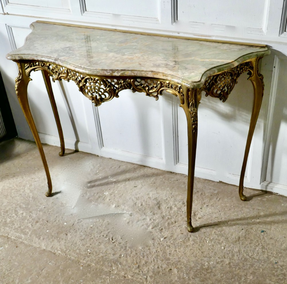 French Brass and Marble Console Table with Matching Cushion Mirror View IX