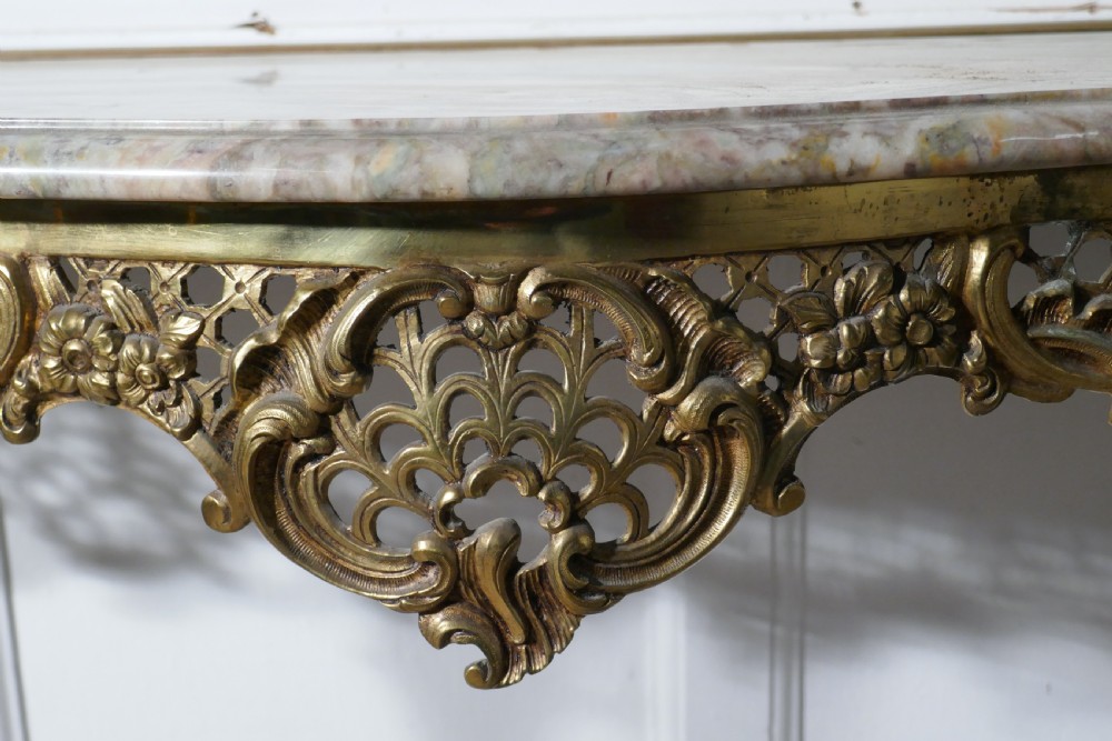 French Brass and Marble Console Table with Matching Cushion Mirror View XIV