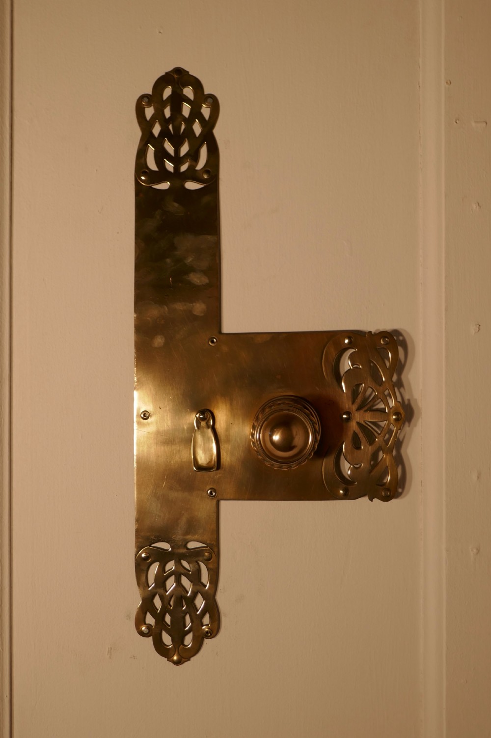 Large Art Nouveau Brass Front Door Plate with Knob and Escutcheon View II