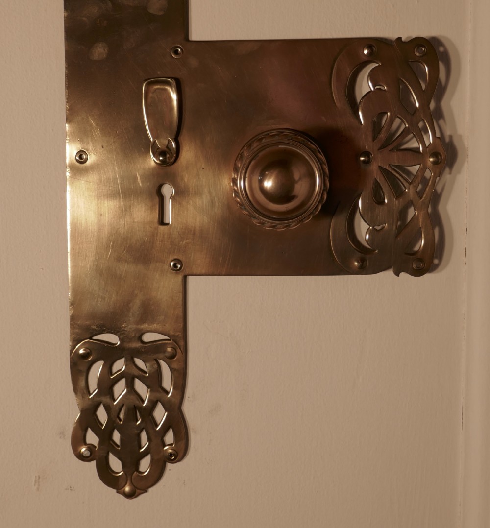 Large Art Nouveau Brass Front Door Plate with Knob and Escutcheon View V