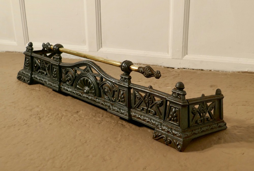 Small Victorian Cast Iron and Brass Fender or Dog Grate
