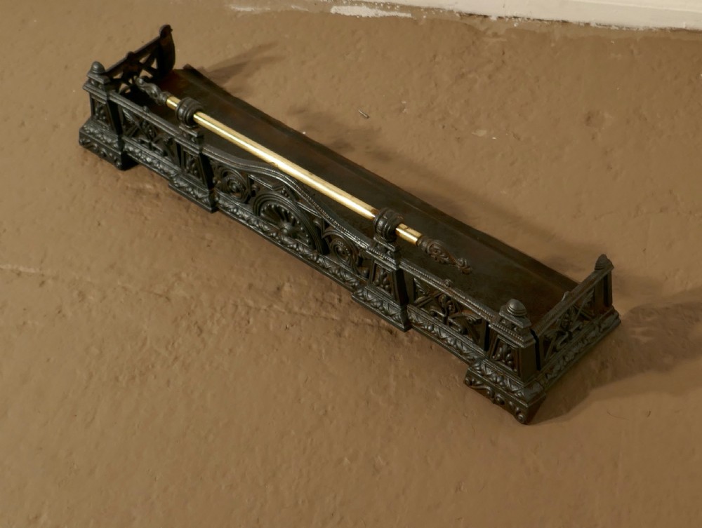 Small Victorian Cast Iron and Brass Fender or Dog Grate View IV