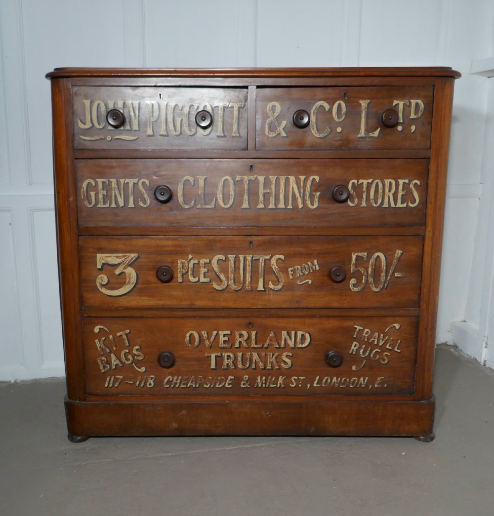 Victorian Mahogany Sign Painted Chest of Drawers, John Piggott & Co Ltd, Gentleman’s Outfitter Shop Display