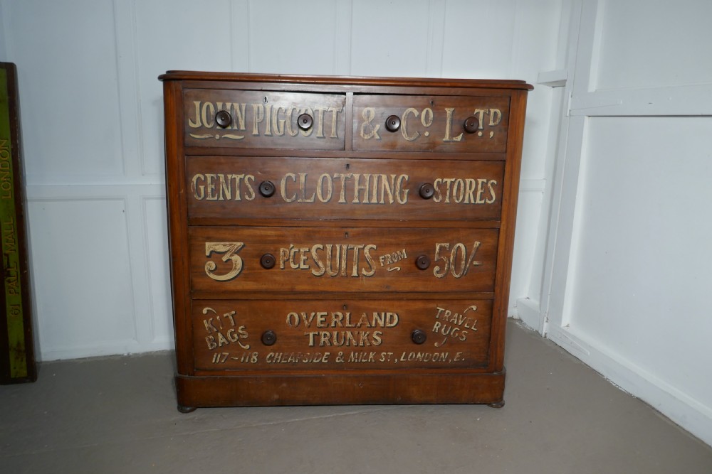 Victorian Mahogany Sign Painted Chest of Drawers, John Piggott & Co Ltd, Gentleman’s Outfitter Shop Display View II