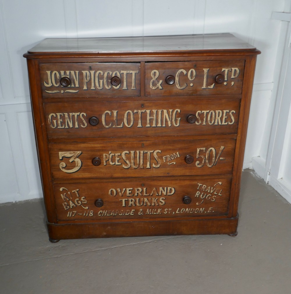 Victorian Mahogany Sign Painted Chest of Drawers, John Piggott & Co Ltd, Gentleman’s Outfitter Shop Display View III