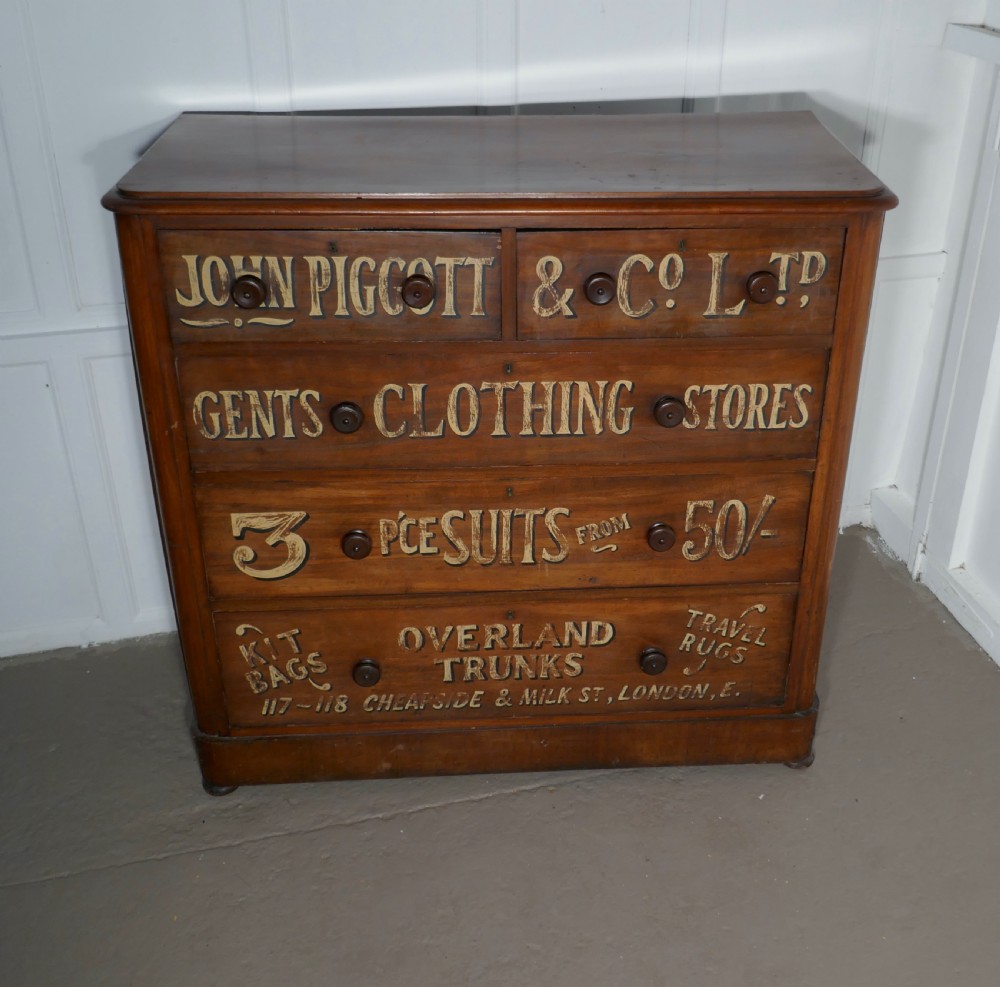 Victorian Mahogany Sign Painted Chest of Drawers, John Piggott & Co Ltd, Gentleman’s Outfitter Shop Display View IV