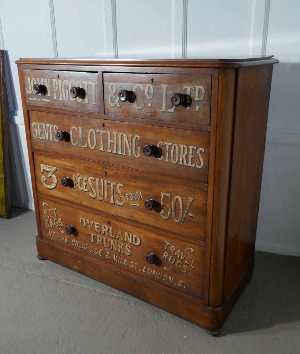 Victorian Mahogany Sign Painted Chest of Drawers, John Piggott & Co Ltd, Gentleman’s Outfitter Shop Display View VI