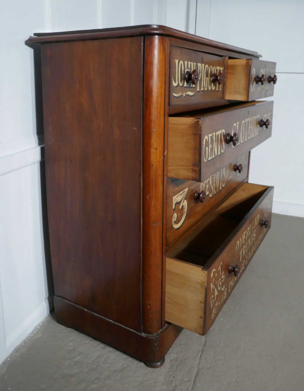 Victorian Mahogany Sign Painted Chest of Drawers, John Piggott & Co Ltd, Gentleman’s Outfitter Shop Display View VII
