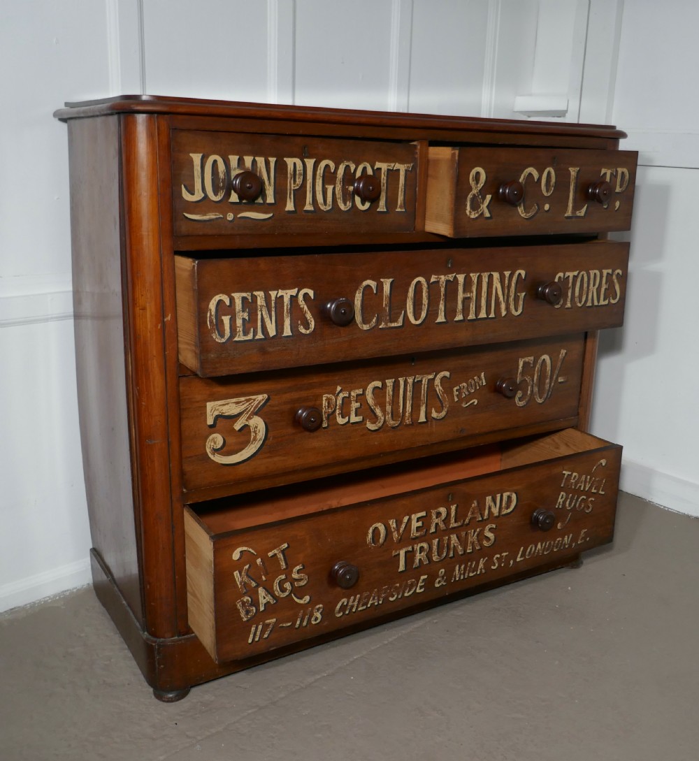 Victorian Mahogany Sign Painted Chest of Drawers, John Piggott & Co Ltd, Gentleman’s Outfitter Shop Display View IX