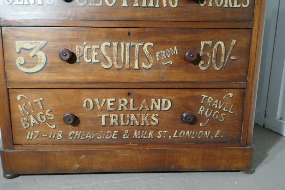 Victorian Mahogany Sign Painted Chest of Drawers, John Piggott & Co Ltd, Gentleman’s Outfitter Shop Display View X