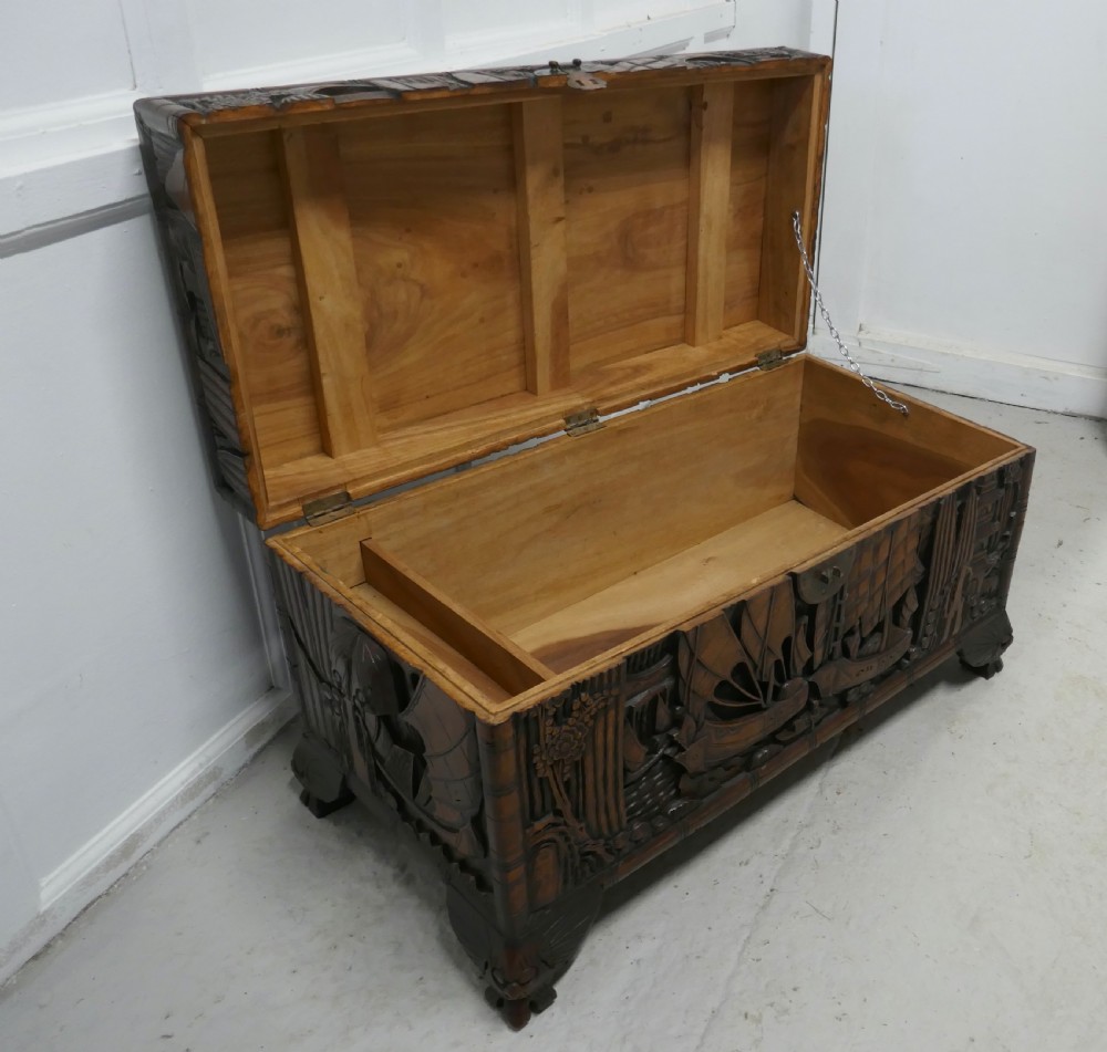 Oriental Carved Camphor Wood Chest View V