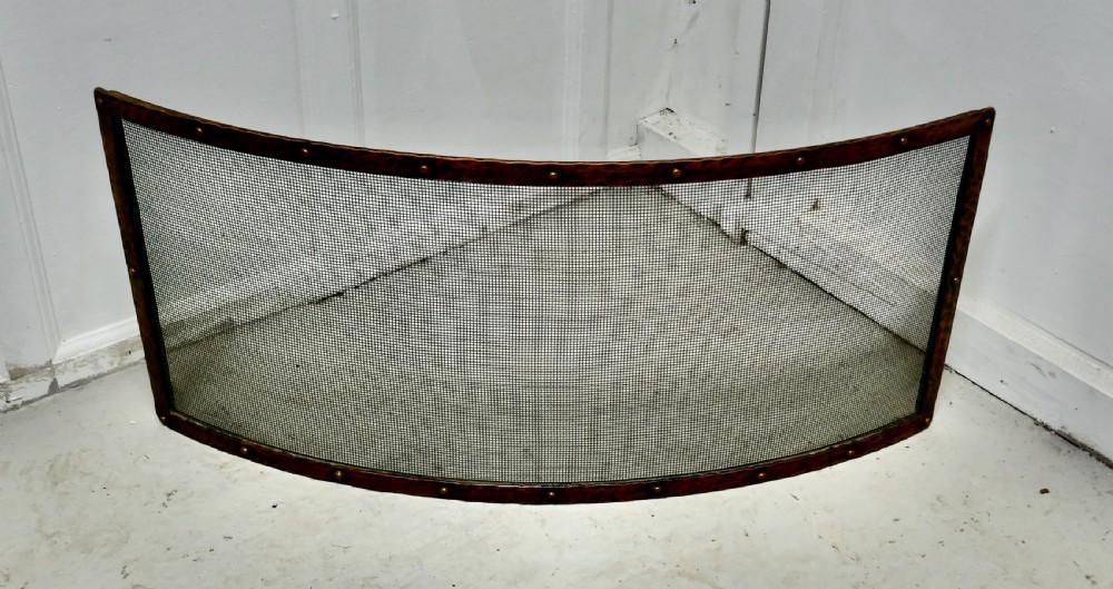 Victorian Arts and Crafts Beaten Copper Curved Spark Screen fire guard View II