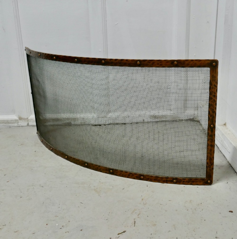 Victorian Arts and Crafts Beaten Copper Curved Spark Screen fire guard View III