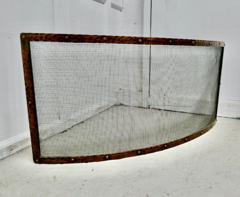 Victorian Arts and Crafts Beaten Copper Curved Spark Screen fire guard View IV