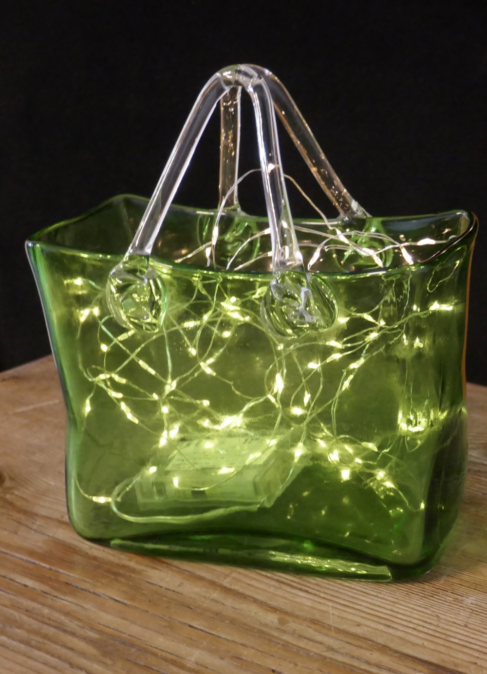 Quirky Art Deco Hand Blown Green Glass Handbag Vase View II