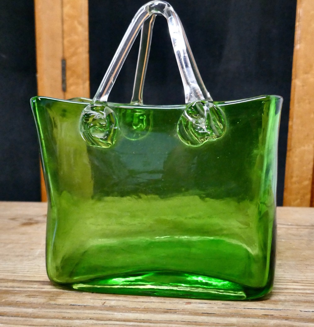 Quirky Art Deco Hand Blown Green Glass Handbag Vase View V